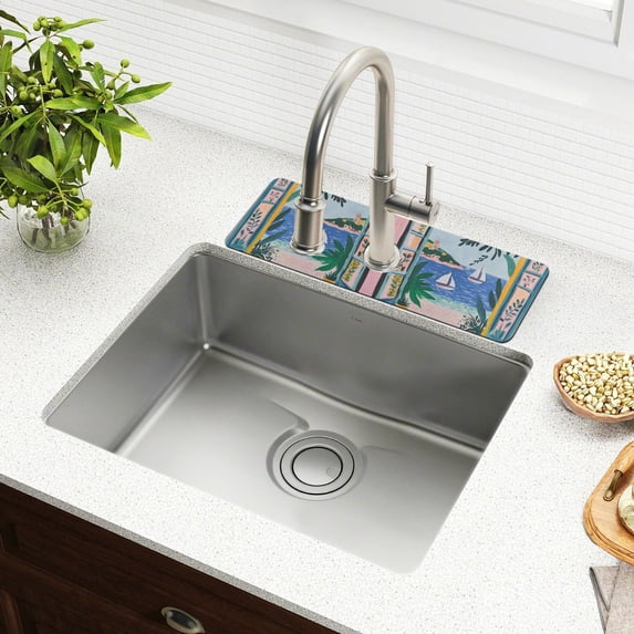 Yayeee Faucet Mat for Kitchen Sink 14.7" Diatomite Long Splash Guard Pad, Pink Seaside