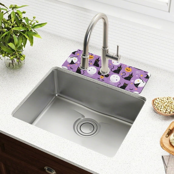 Yayeee Faucet Mat for Kitchen Sink 14.7" Diatomite Long Splash Guard Pad, Purple Halloween Pattern