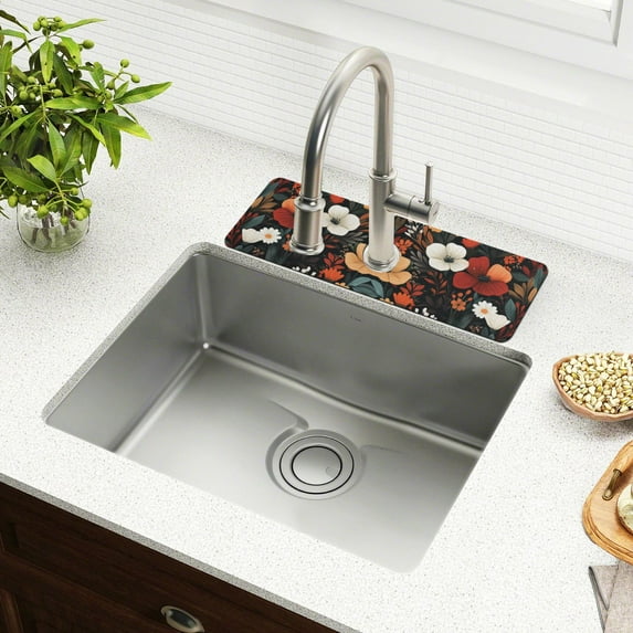 Yayeee Faucet Mat for Kitchen Sink 14.7" Diatomite Long Splash Guard Pad, Red Flowers Pattern