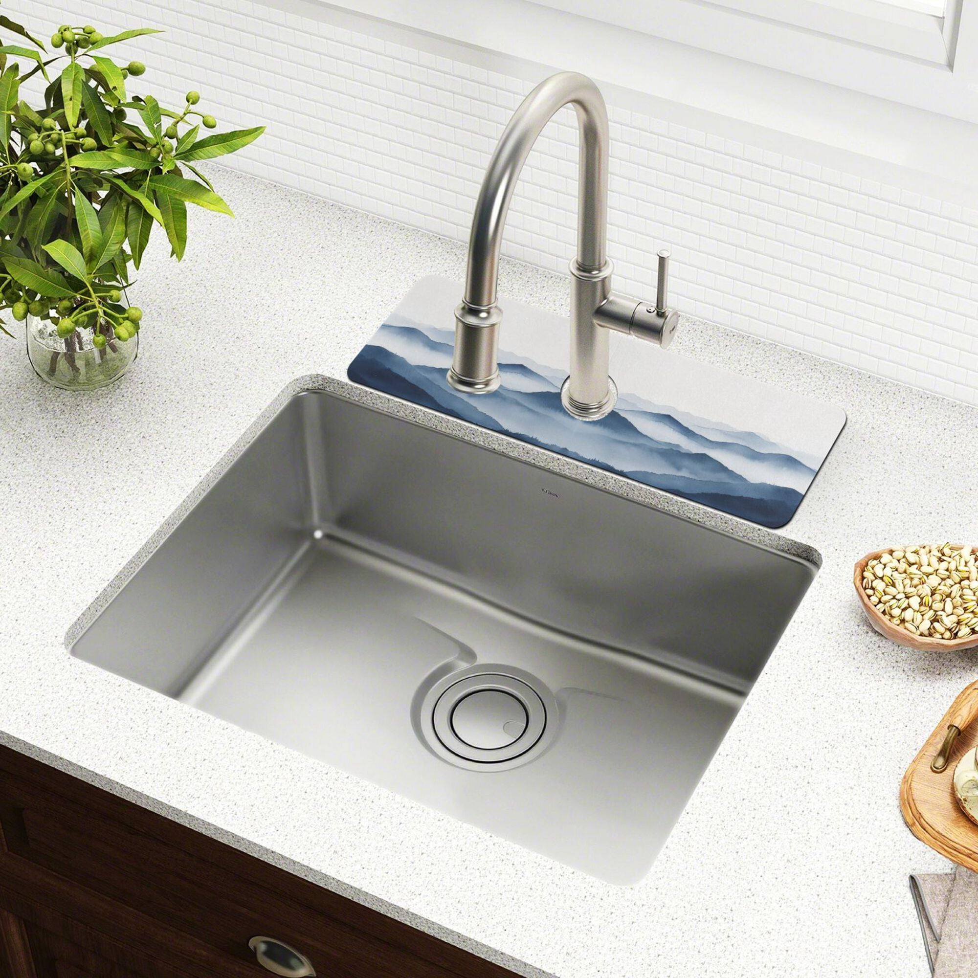 Yayeee Faucet Mat for Kitchen Sink 14.7" Diatomite Long Splash Guard Pad, Watercolor Mountains
