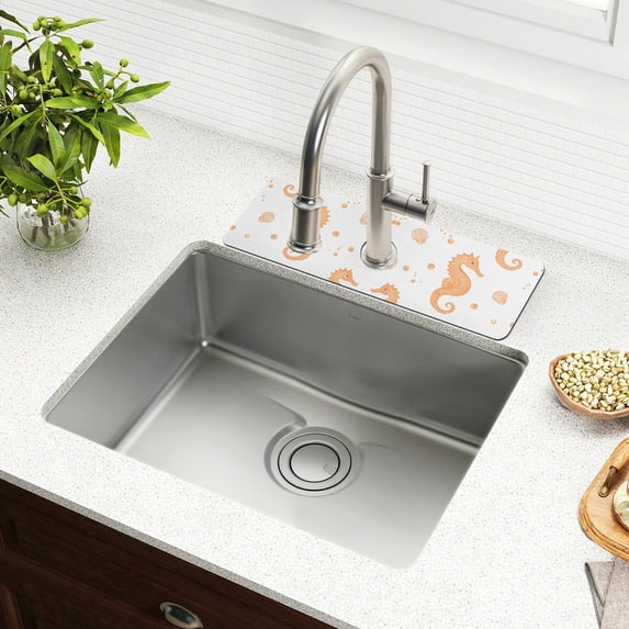 Yayeee Faucet Mat for Kitchen Sink 14.7" Diatomite Long Splash Guard Pad, White Seahorse
