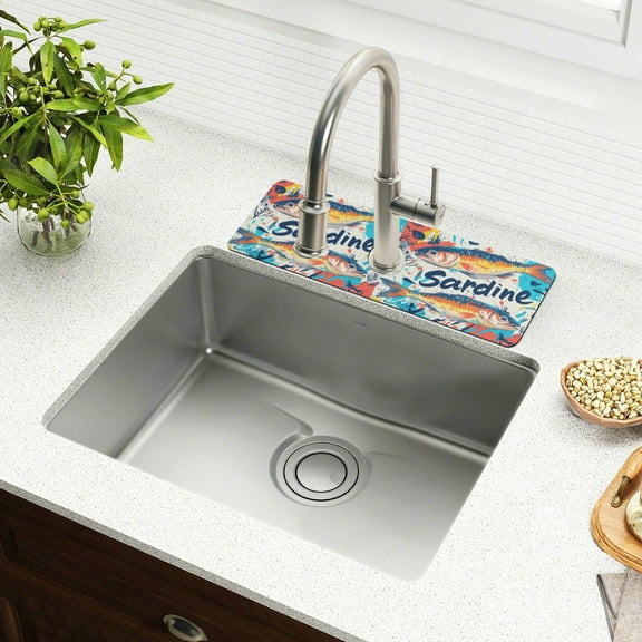 Yayeee Faucet Mat for Kitchen Sink 14.7" Diatomite Long Splash Guard Pad, Yellow Sardines Pattern