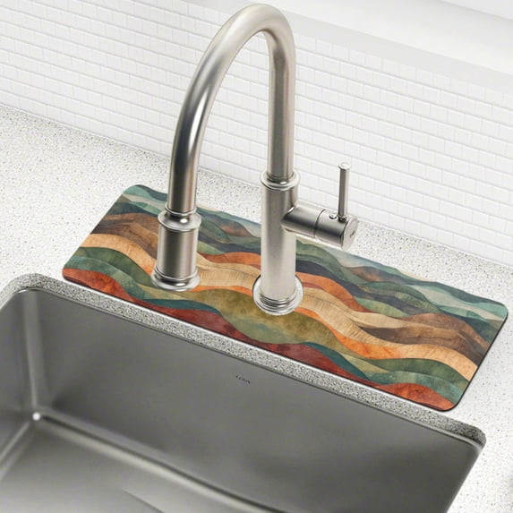 Yayeee Faucet Mat for Kitchen Sink 30" Diatomite Long Splash Guard Pad, Abstract Wavy Landscape, 2 Pack
