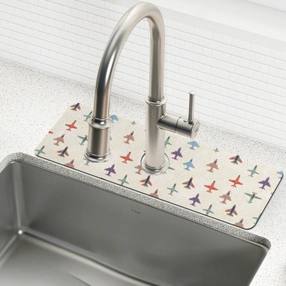 Yayeee Faucet Mat for Kitchen Sink 30" Diatomite Long Splash Guard Pad, Beige Cartoon Planes Pattern