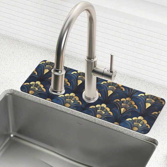 Yayeee Faucet Mat for Kitchen Sink 30" Diatomite Long Splash Guard Pad, Blue Art Pattern, 2 Pack