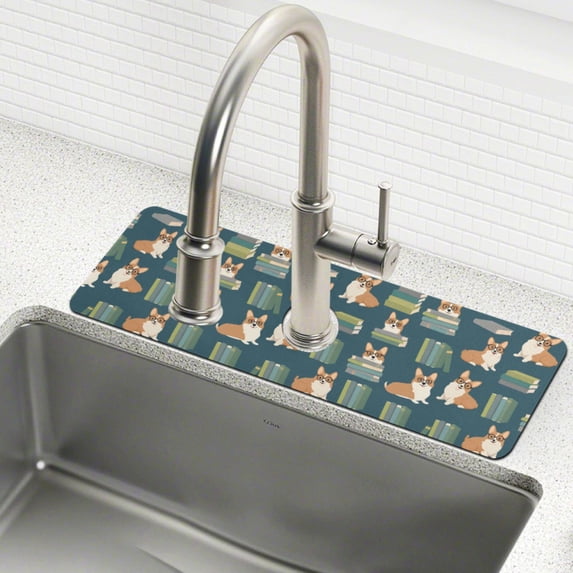Yayeee Faucet Mat for Kitchen Sink 30" Diatomite Long Splash Guard Pad, Blue Cartoon Dog Pattern