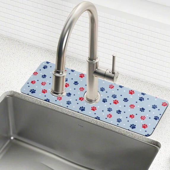 Yayeee Faucet Mat for Kitchen Sink 30" Diatomite Long Splash Guard Pad, Blue Cartoon Paw Pattern, 2 Pack