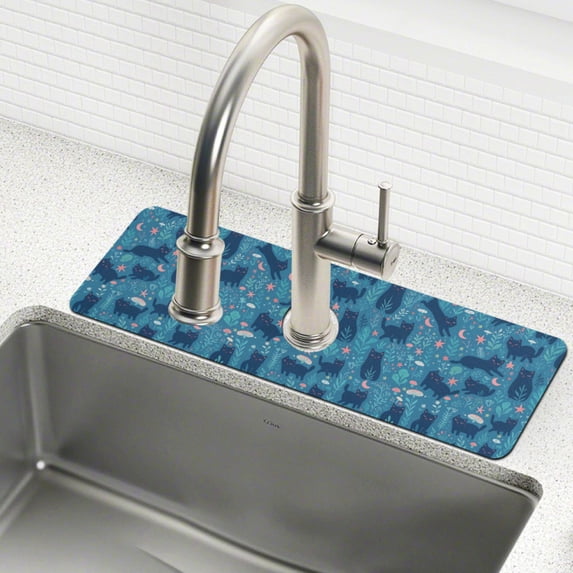 Yayeee Faucet Mat for Kitchen Sink 30" Diatomite Long Splash Guard Pad, Blue Forest Cat Pattern