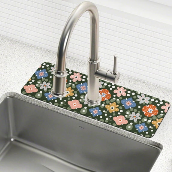 Yayeee Faucet Mat for Kitchen Sink 30" Diatomite Long Splash Guard Pad, Blue Geometric Flowers