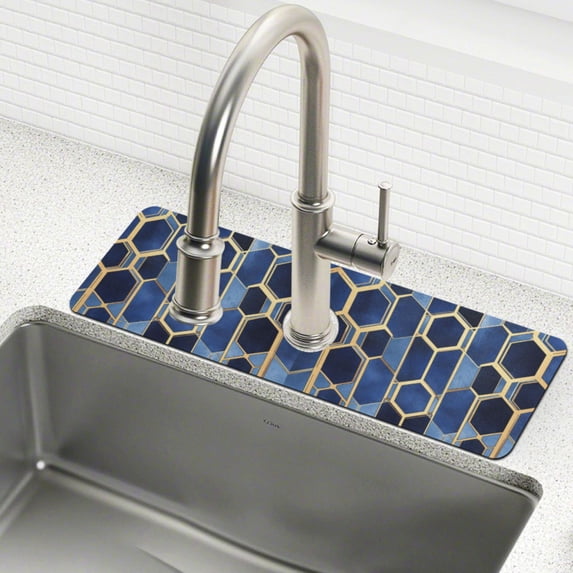 Yayeee Faucet Mat for Kitchen Sink 30" Diatomite Long Splash Guard Pad, Blue Hexagon Pattern, 2 Pack