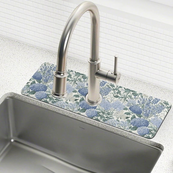 Yayeee Faucet Mat for Kitchen Sink 30" Diatomite Long Splash Guard Pad, Blue Hydrangeas Pattern, 2 Pack