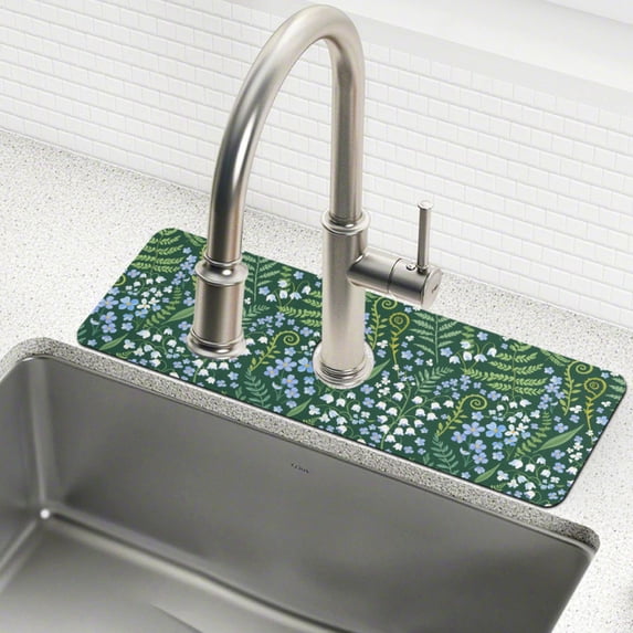 Yayeee Faucet Mat for Kitchen Sink 30" Diatomite Long Splash Guard Pad, Blue Wildflower Pattern, 2 Pack