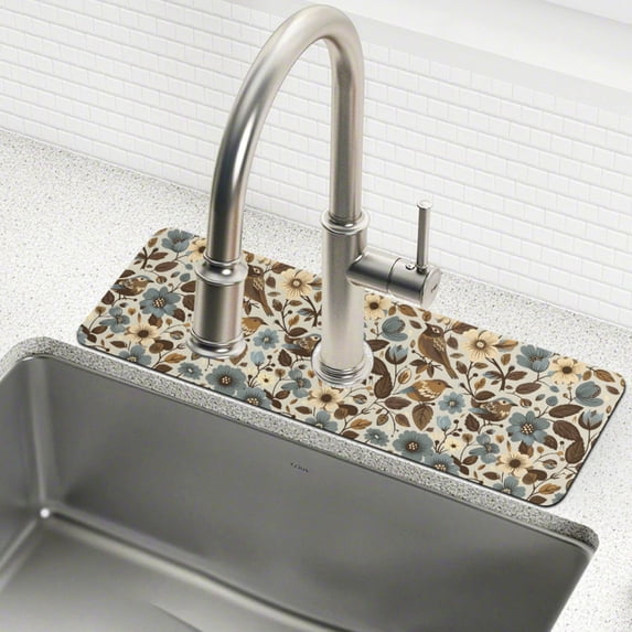 Yayeee Faucet Mat for Kitchen Sink 30" Diatomite Long Splash Guard Pad, Brown Bird Floral Pattern