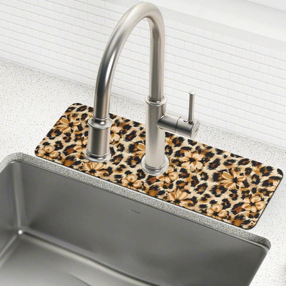Yayeee Faucet Mat for Kitchen Sink 30" Diatomite Long Splash Guard Pad, Brown Floral Leopard Pattern, 2 Pack