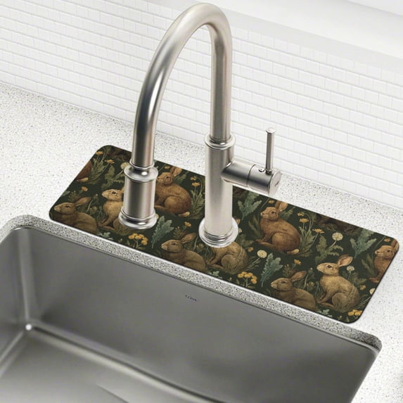 Yayeee Faucet Mat for Kitchen Sink 30" Diatomite Long Splash Guard Pad, Brown Floral Rabbits Pattern