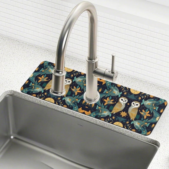 Yayeee Faucet Mat for Kitchen Sink 30" Diatomite Long Splash Guard Pad, Brown Mystical Owls