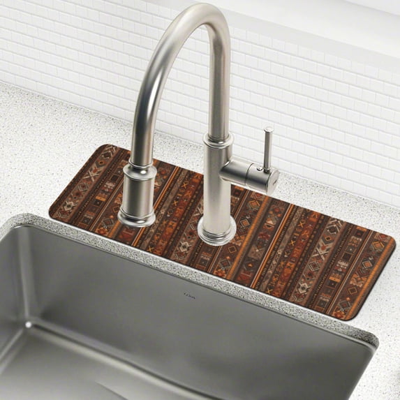 Yayeee Faucet Mat for Kitchen Sink 30" Diatomite Long Splash Guard Pad, Brown Tribal Pattern, 2 Pack