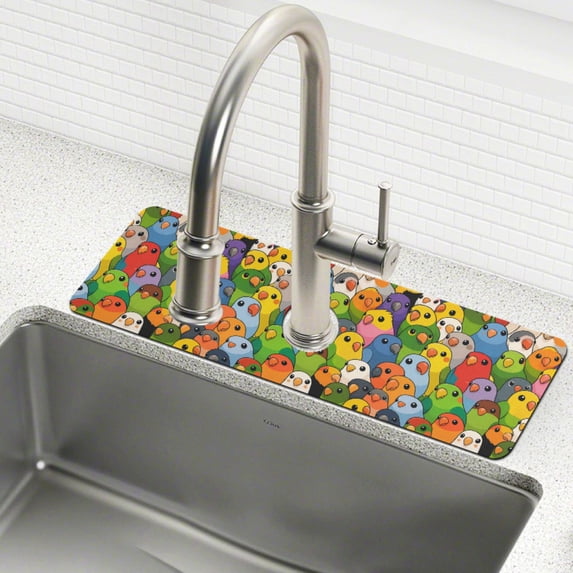 Yayeee Faucet Mat for Kitchen Sink 30" Diatomite Long Splash Guard Pad, Cartoon Birds Pattern