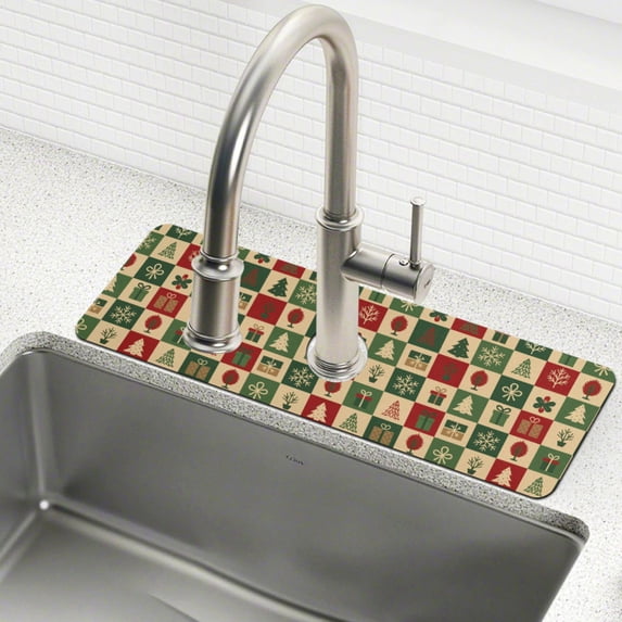 Yayeee Faucet Mat for Kitchen Sink 30" Diatomite Long Splash Guard Pad, Christmas Plaid Pattern