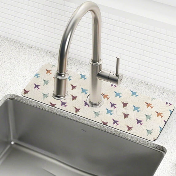 Yayeee Faucet Mat for Kitchen Sink 30" Diatomite Long Splash Guard Pad, Colorful Cartoon Planes Pattern