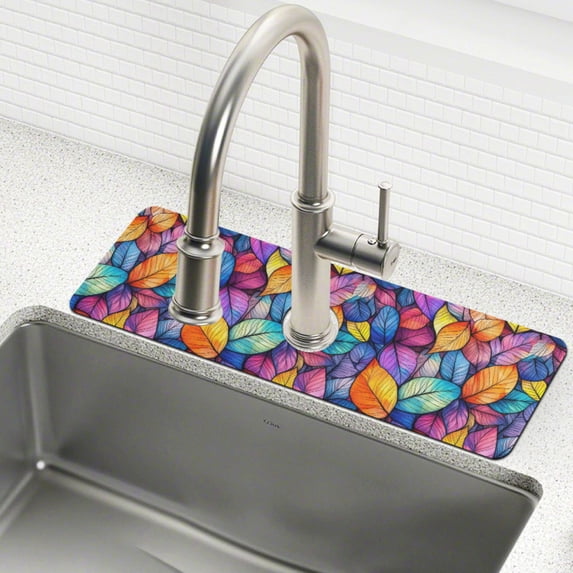 Yayeee Faucet Mat for Kitchen Sink 30" Diatomite Long Splash Guard Pad, Colorful Leaves