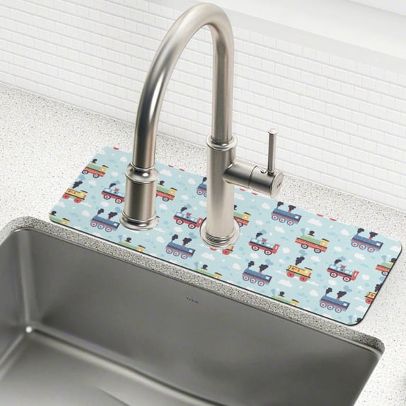 Yayeee Faucet Mat for Kitchen Sink 30" Diatomite Long Splash Guard Pad, Colorful Trains, 2 Pack