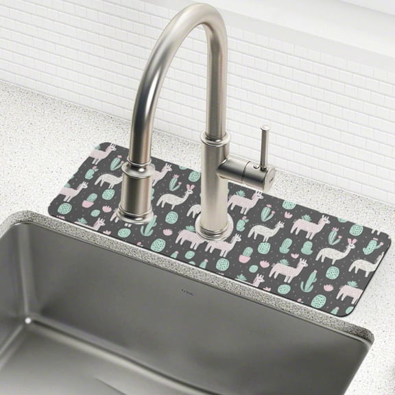 Yayeee Faucet Mat for Kitchen Sink 30" Diatomite Long Splash Guard Pad, Cute Llamas Pattern