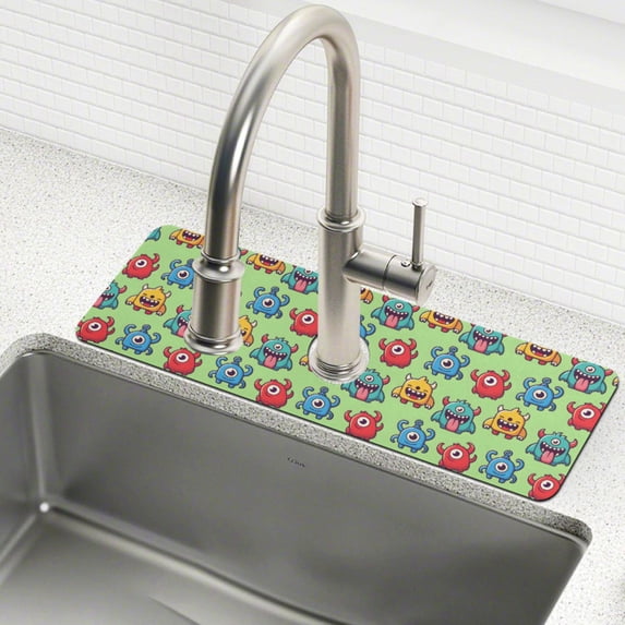 Yayeee Faucet Mat for Kitchen Sink 30" Diatomite Long Splash Guard Pad, Cute Monsters Pattern, 2 Pack