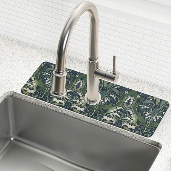 Yayeee Faucet Mat for Kitchen Sink 30" Diatomite Long Splash Guard Pad, Dark Green Flowers Pattern, 2 Pack
