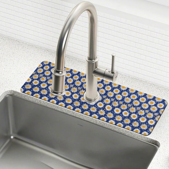 Yayeee Faucet Mat for Kitchen Sink 30" Diatomite Long Splash Guard Pad, Elegant Daisy Pattern