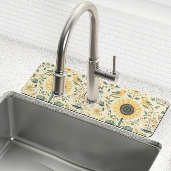 Yayeee Faucet Mat for Kitchen Sink 30" Diatomite Long Splash Guard Pad, Floral Birds Pattern, 2 Pack
