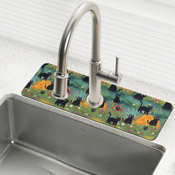 Yayeee Faucet Mat for Kitchen Sink 30" Diatomite Long Splash Guard Pad, Floral Black Cats Pattern, 2 Pack