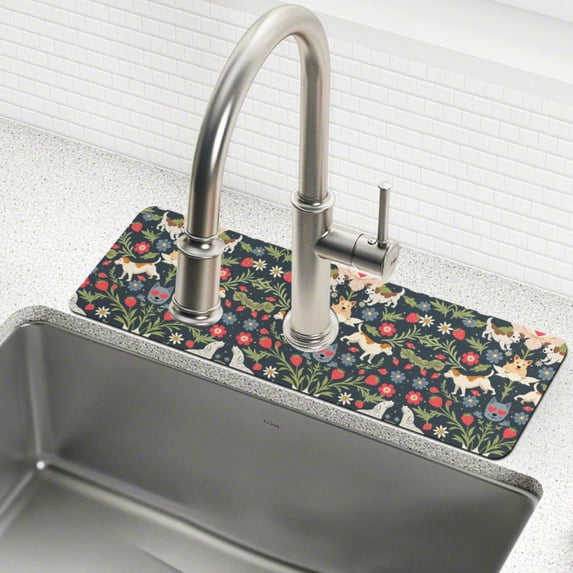 Yayeee Faucet Mat for Kitchen Sink 30" Diatomite Long Splash Guard Pad, Floral Dogs Pattern