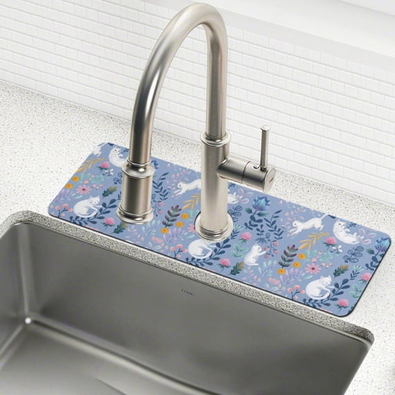 Yayeee Faucet Mat for Kitchen Sink 30" Diatomite Long Splash Guard Pad, Floral White Cat Pattern, 2 Pack