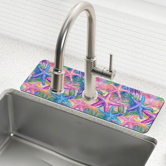 Yayeee Faucet Mat for Kitchen Sink 30" Diatomite Long Splash Guard Pad, Gradient Starfish Pattern