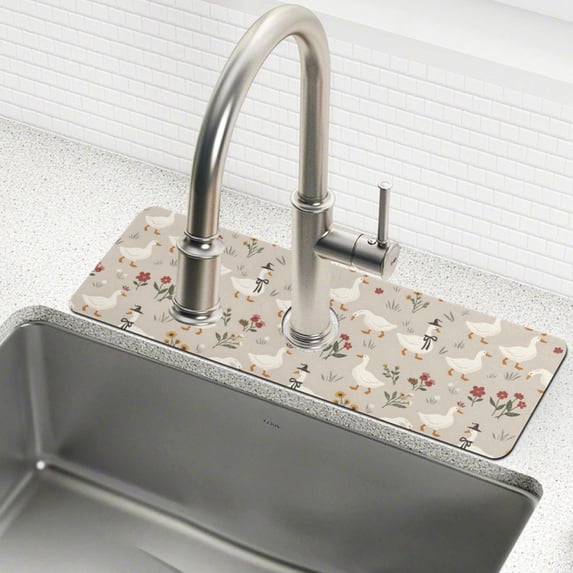 Yayeee Faucet Mat for Kitchen Sink 30" Diatomite Long Splash Guard Pad, Gray Cartoon Goose Pattern, 2 Pack