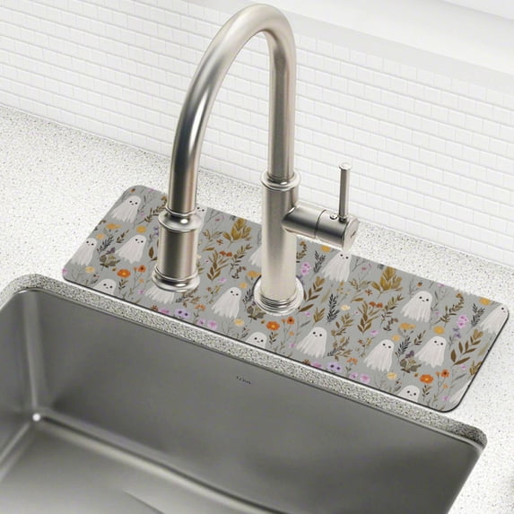 Yayeee Faucet Mat for Kitchen Sink 30" Diatomite Long Splash Guard Pad, Gray Floral Ghost