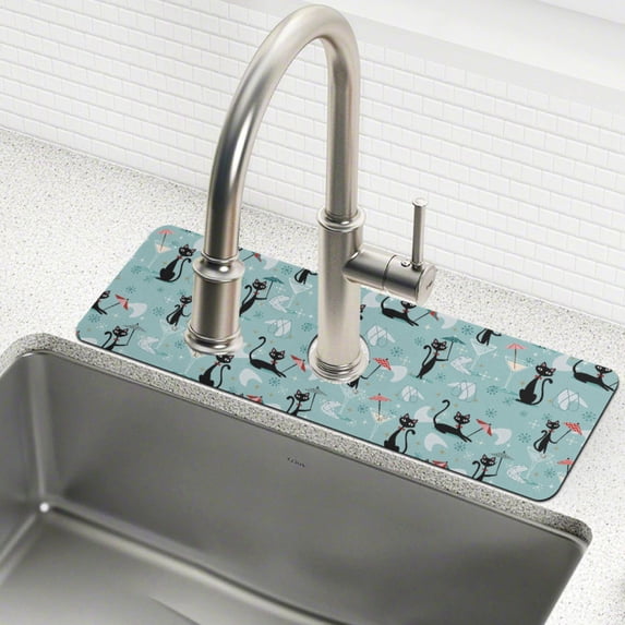 Yayeee Faucet Mat for Kitchen Sink 30" Diatomite Long Splash Guard Pad, Green Cocktail Cat Pattern
