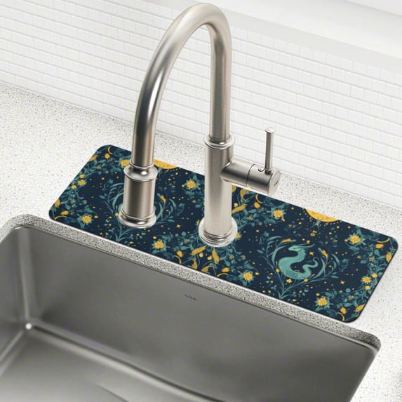 Yayeee Faucet Mat for Kitchen Sink 30" Diatomite Long Splash Guard Pad, Green Dragon Flowers, 2 Pack