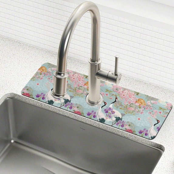 Yayeee Faucet Mat for Kitchen Sink 30" Diatomite Long Splash Guard Pad, Green Floral Cranes Pattern