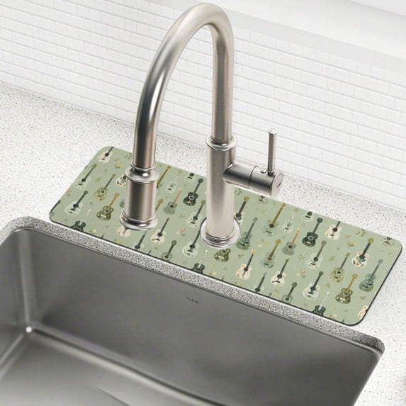 Yayeee Faucet Mat for Kitchen Sink 30" Diatomite Long Splash Guard Pad, Green Floral Guitar Pattern, 2 Pack