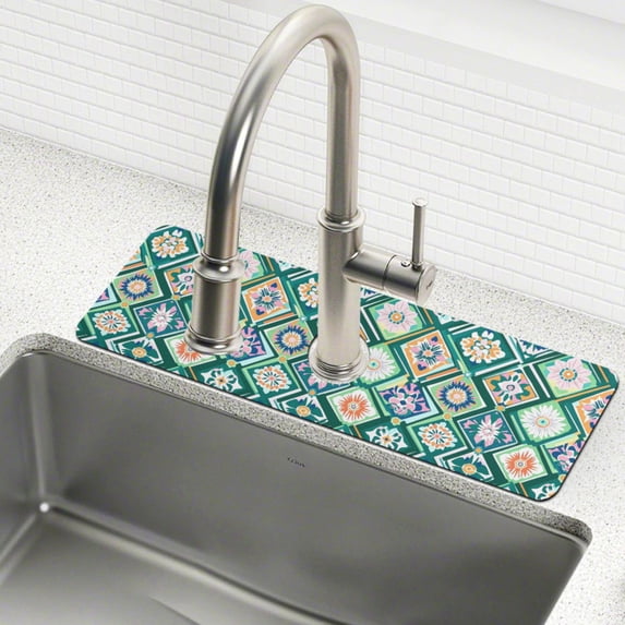 Yayeee Faucet Mat for Kitchen Sink 30" Diatomite Long Splash Guard Pad, Green Geometric Flowers, 2 Pack