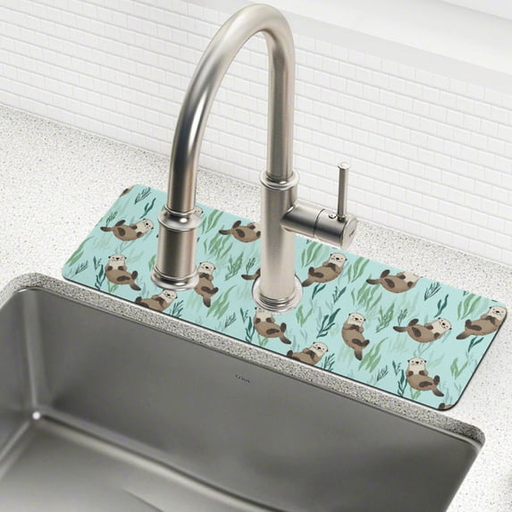 Yayeee Faucet Mat for Kitchen Sink 30" Diatomite Long Splash Guard Pad, Green Otters Pattern, 2 Pack