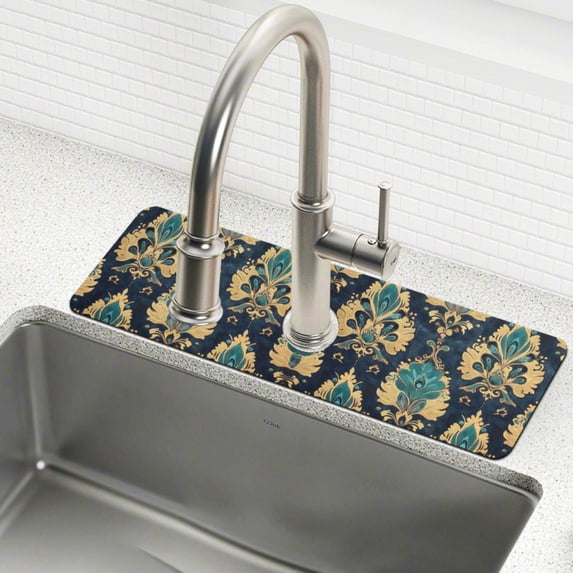 Yayeee Faucet Mat for Kitchen Sink 30" Diatomite Long Splash Guard Pad, Green Peacock Pattern, 2 Pack