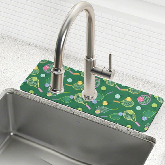 Yayeee Faucet Mat for Kitchen Sink 30" Diatomite Long Splash Guard Pad, Green Tennis Pattern, 2 Pack