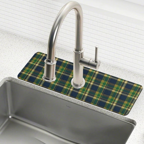 Yayeee Faucet Mat for Kitchen Sink 30" Diatomite Long Splash Guard Pad, Green Yellow Plaid Pattern