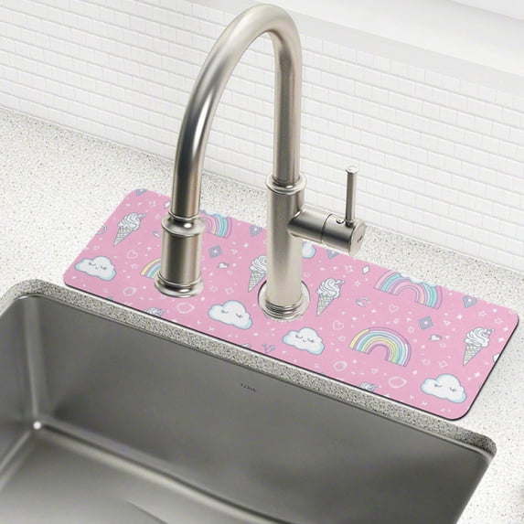 Yayeee Faucet Mat for Kitchen Sink 30" Diatomite Long Splash Guard Pad, Ice Cream Rainbow Pattern