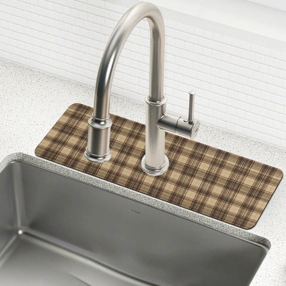 Yayeee Faucet Mat for Kitchen Sink 30" Diatomite Long Splash Guard Pad, Khaki Plaid Pattern, 2 Pack
