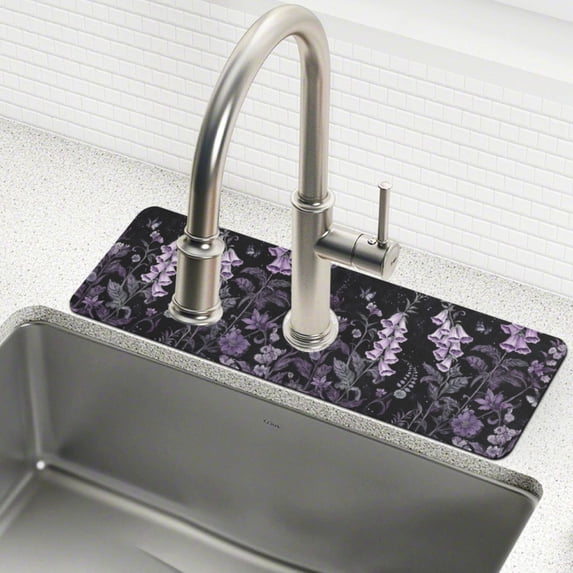Yayeee Faucet Mat for Kitchen Sink 30" Diatomite Long Splash Guard Pad, Light Purple Flowers