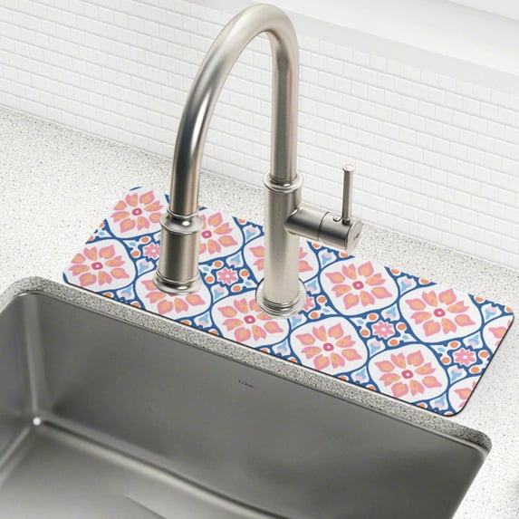 Yayeee Faucet Mat for Kitchen Sink 30" Diatomite Long Splash Guard Pad, Mosaic Flowers Pattern